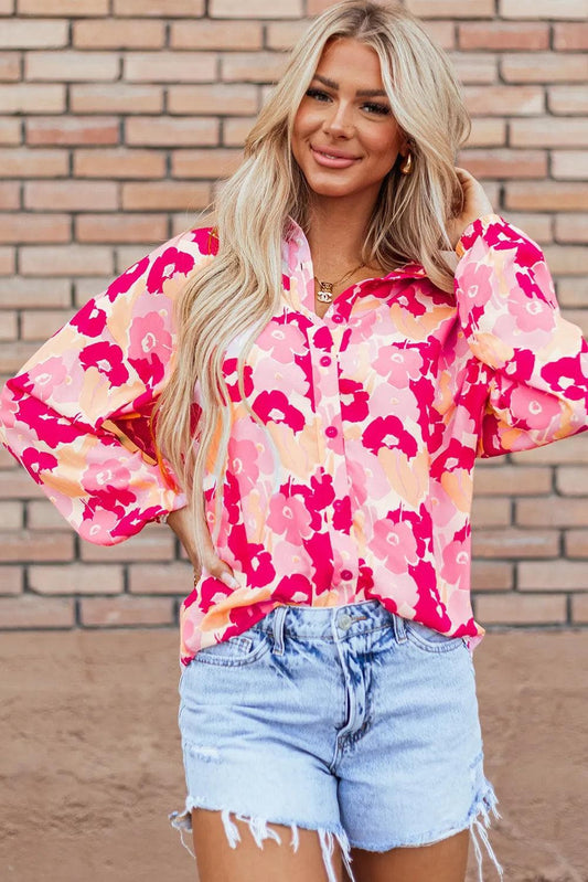 Tops/Blouses & Shirts Pink / S / 100%Polyester Pink Blooming Floral Print Puff Sleeve Buttoned Shirt