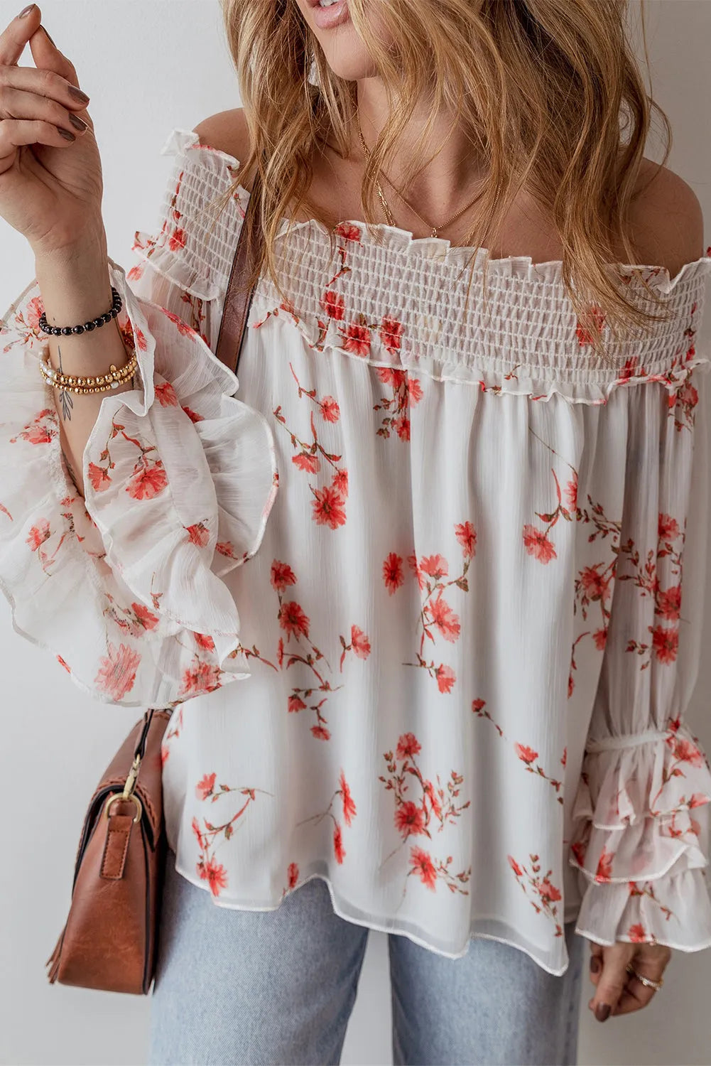 White Floral Print Shirred Off Shoulder Ruffled Sleeve Blouse - Chic Meadow Boutique 