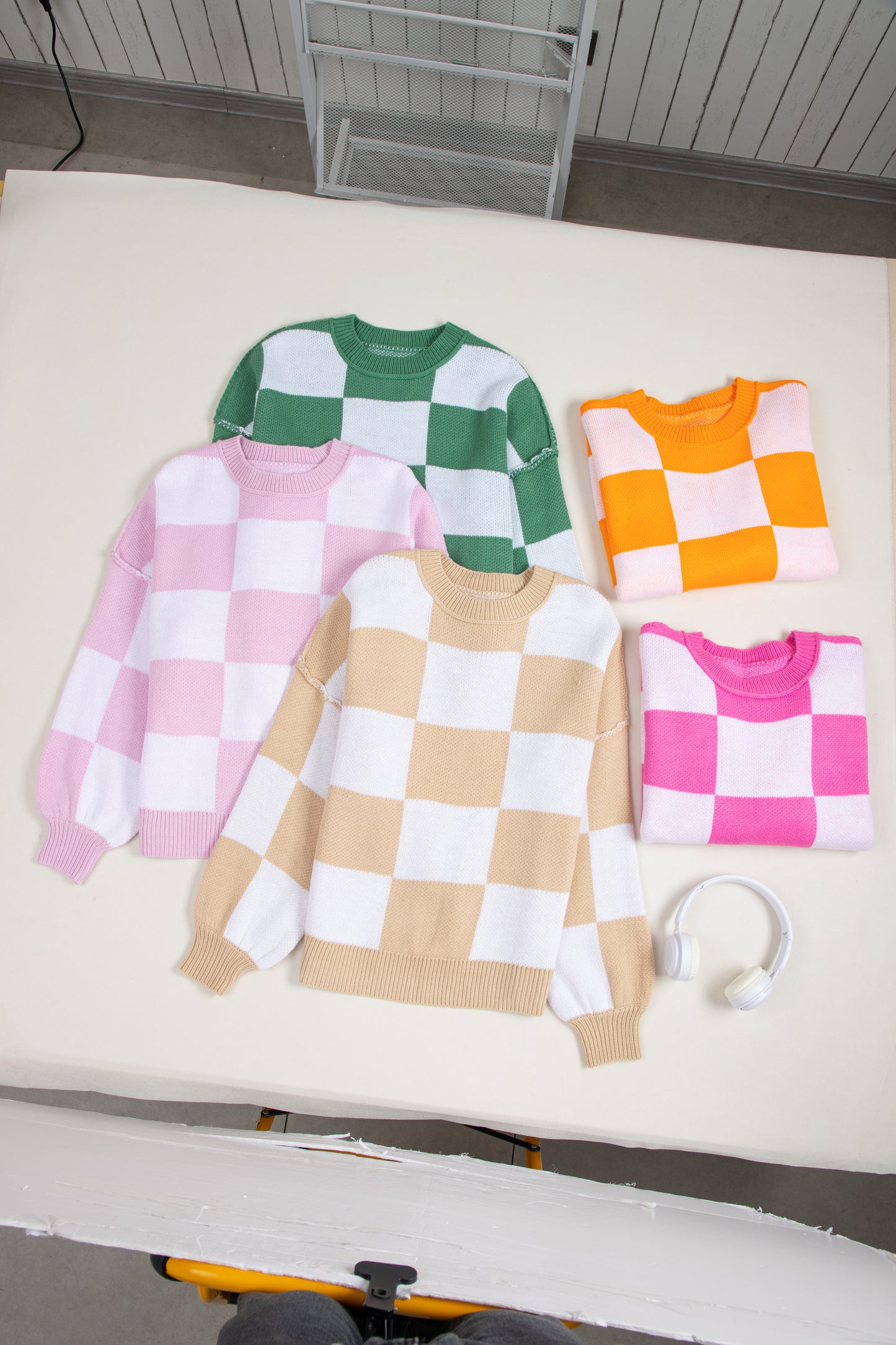 Pink Checkered Bishop Sleeve Sweater