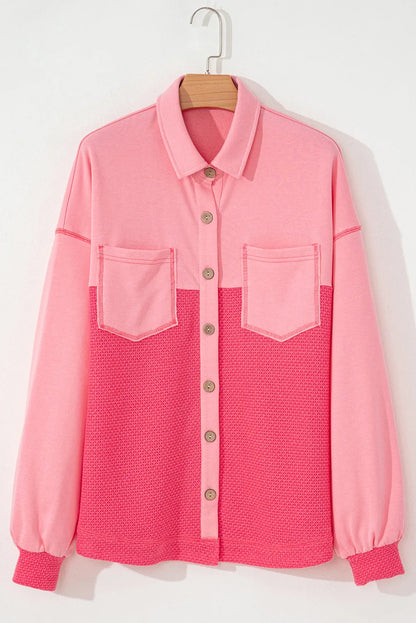 Peach Blossom Two Tone Contrast Waffle Knit Buttoned Loose Shacket - Chic Meadow Boutique 