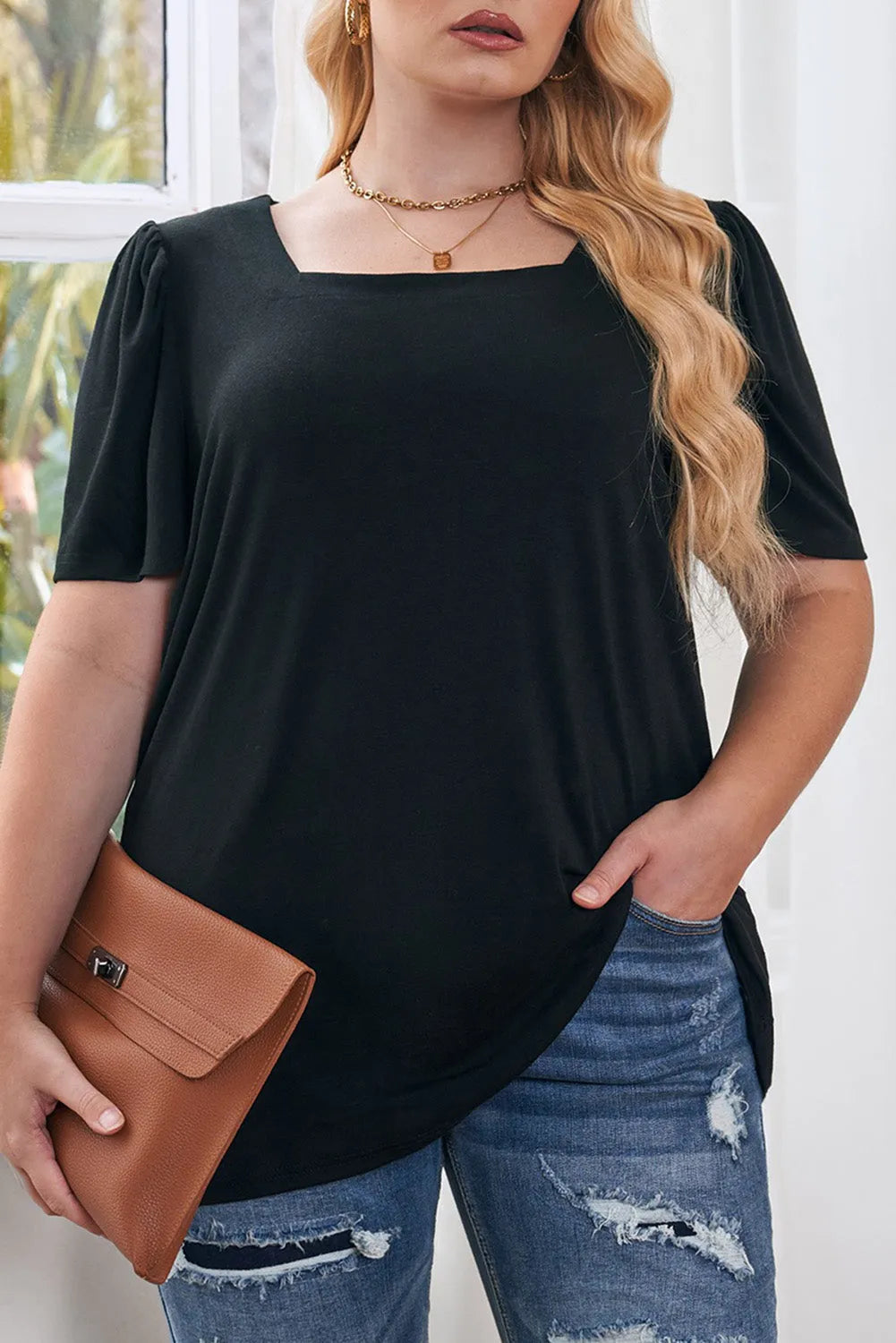 Black Plus Size Square Neck Ruched Shoulder Short Sleeve Top - Chic Meadow Boutique 