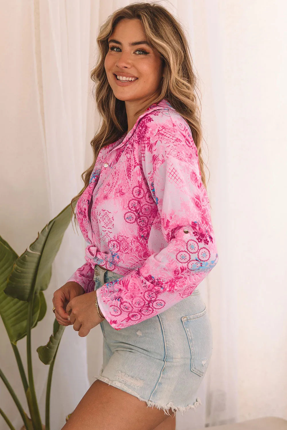 Rose Baroque Floral Roll-tab Sleeve Shirt - Chic Meadow Boutique 