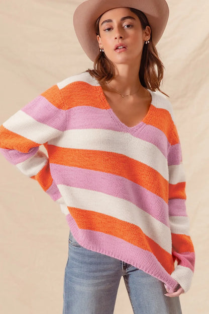 Orange Stripe Colorblock V Neck Casual Sweater - Chic Meadow Boutique 