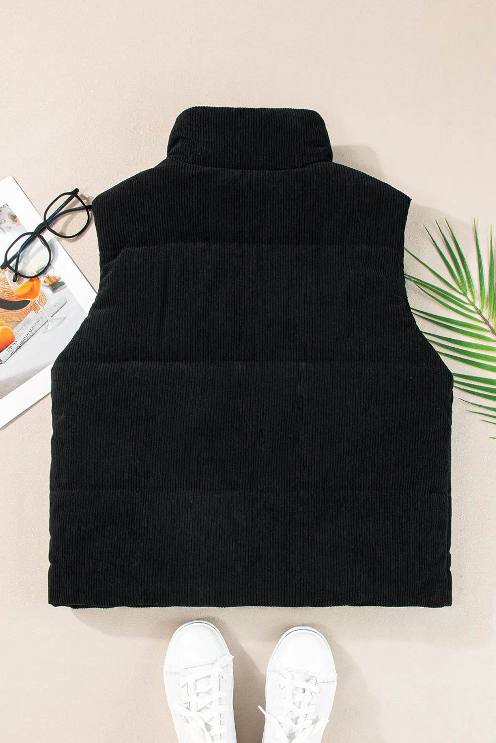 Black Corduroy Stand Neck Zipped Puffer Vest - Chic Meadow Boutique 