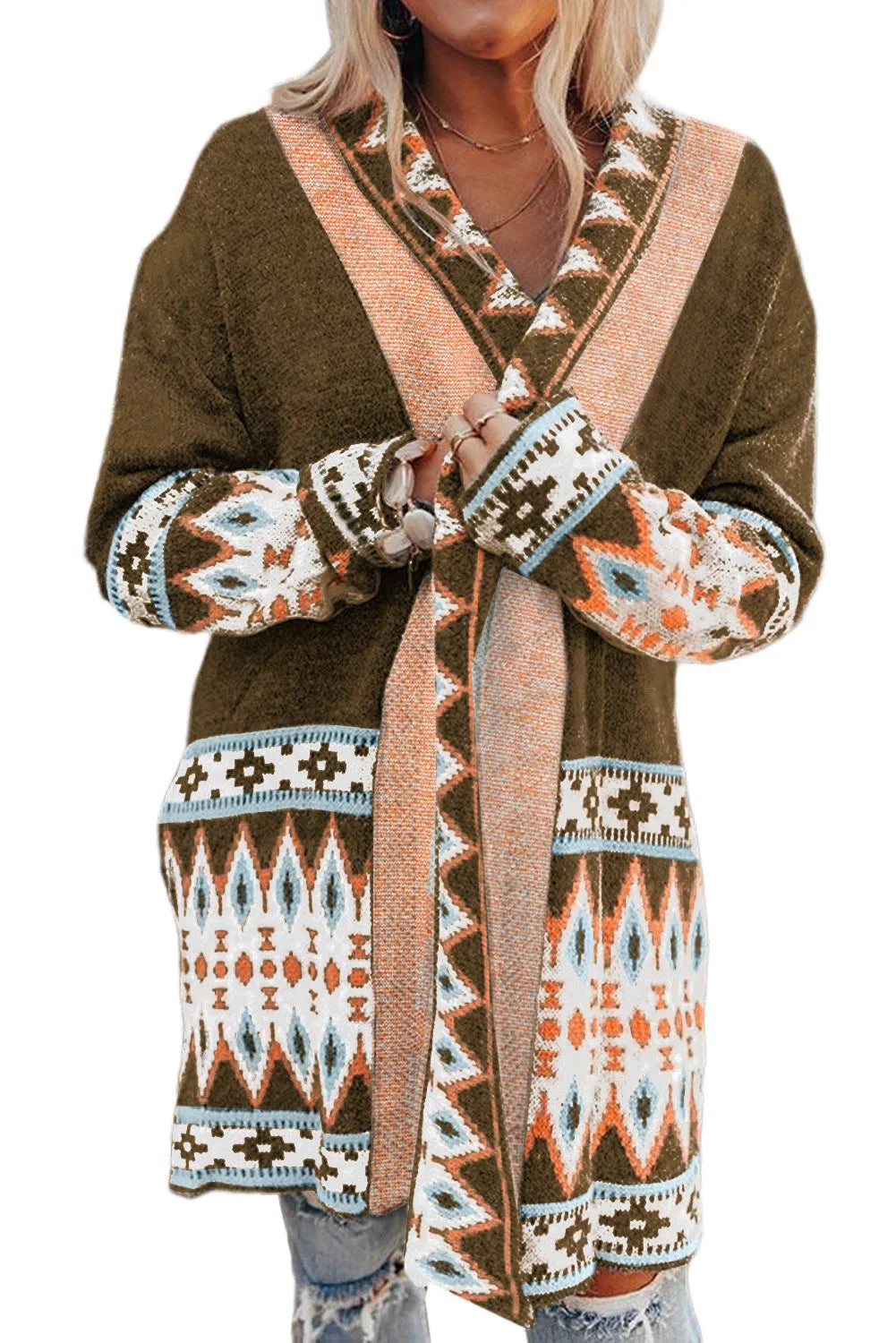 Brown Aztec Print Open Front Knitted Cardigan - Chic Meadow Boutique 