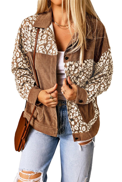 Brown Leopard Print Corduroy Long Sleeve Jacket - Chic Meadow Boutique 