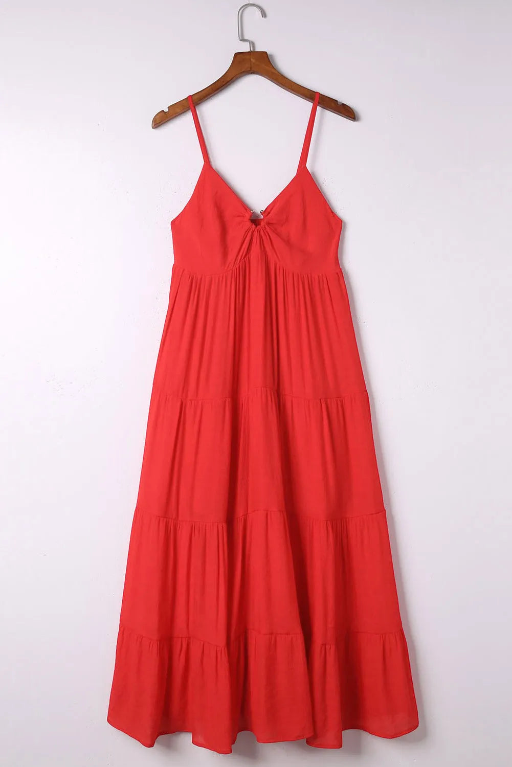 Red O-ring Smocked Back Spaghetti Straps Tiered Maxi Dress - Chic Meadow Boutique 