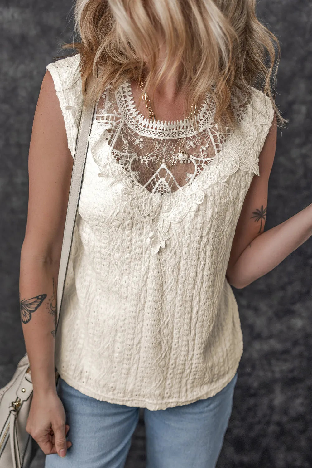 Apricot Guipure Lace Crochet Keyhole Back Tank Top - Chic Meadow Boutique 