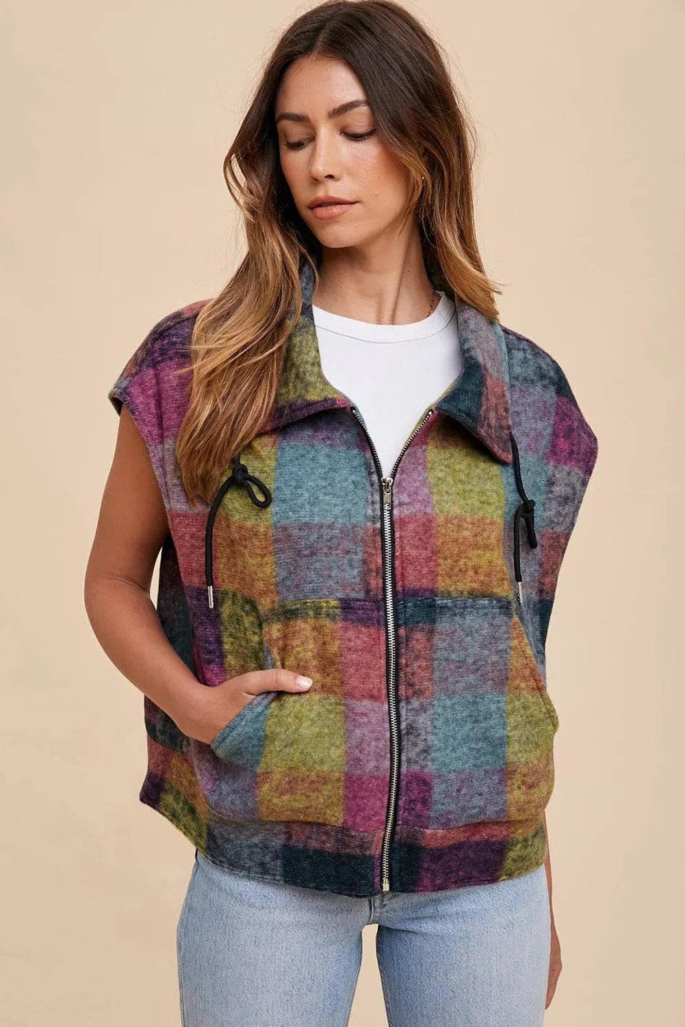 Outerwear/Vests Multicolor Plaid Print Side Pockets Zipped Loose Vest