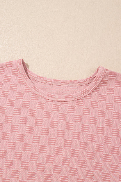 Apricot Pink Checkered Textured Round Neck T-shirt
