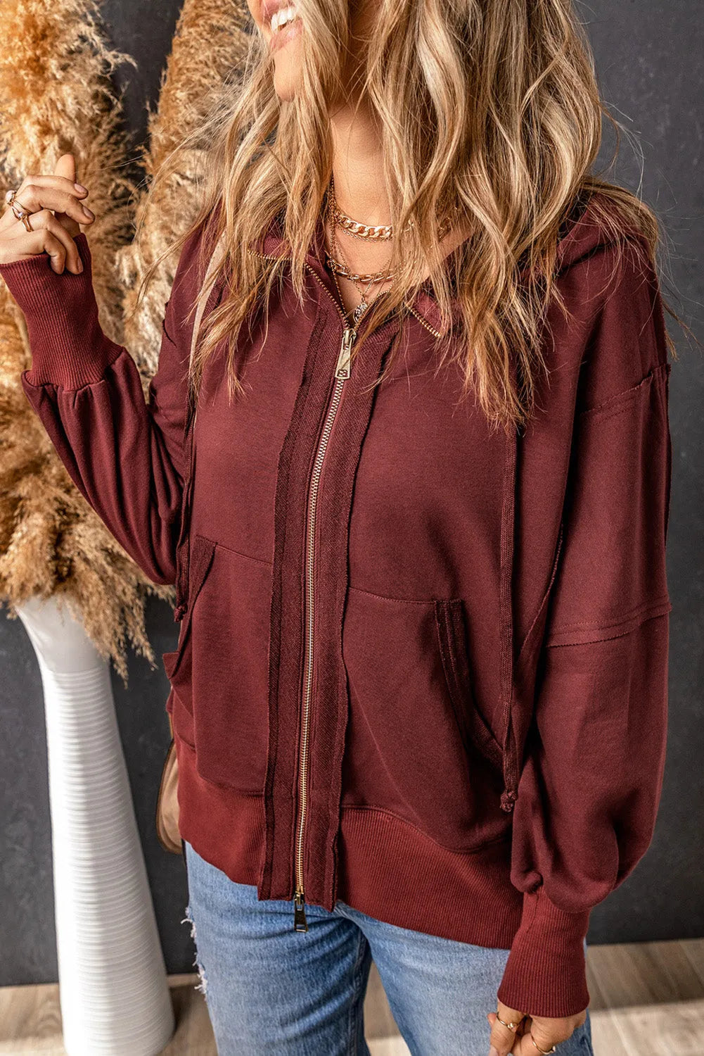 Brown Raw Edge Exposed Seam Full Zip Hoodie - Chic Meadow Boutique 