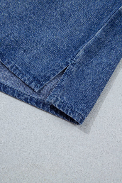 Dusk Blue Three Quarter Sleeve Button Front Loose Denim Shirt