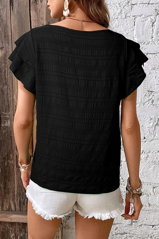 Black Textured Ruffled Sleeve Round Neck Top