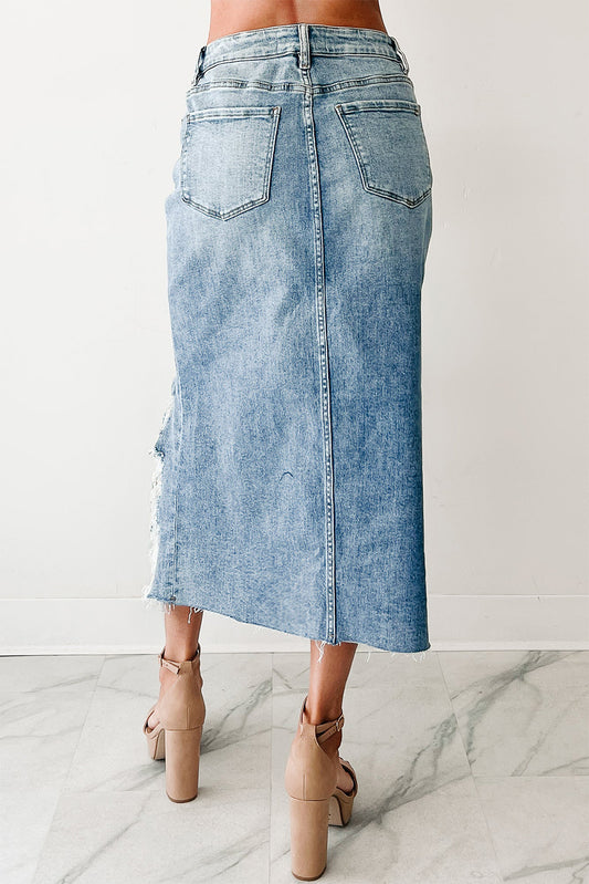 Myosotis Irregular Distressed Bottom Denim Midi Skirt