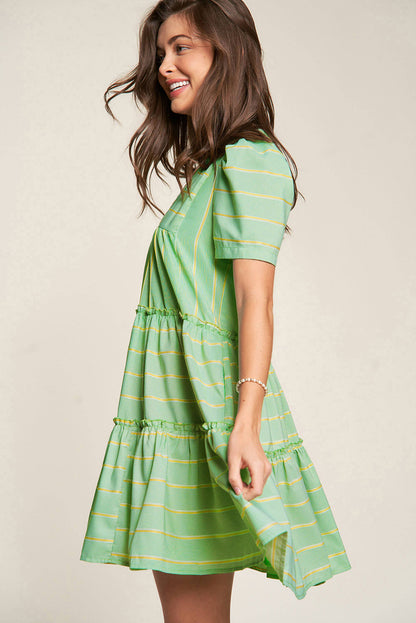 Green Stripe V Neck Short Sleeve Frilled Detail A-line Dress