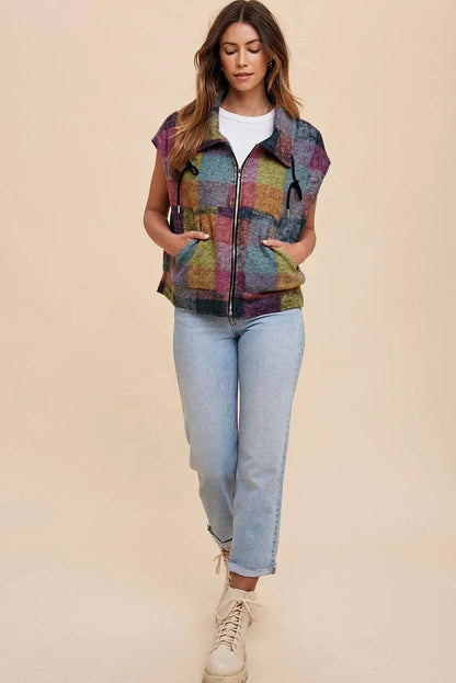 Outerwear/Vests Multicolor Plaid Print Side Pockets Zipped Loose Vest