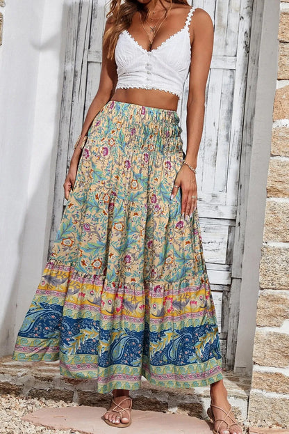 Sky Blue Boho Floral & Paisley Print Shirred Waist Long Skirt - Chic Meadow Boutique 