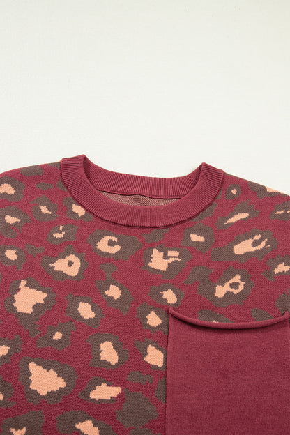 Red Leopard Print Cap Sleeve Knitted Top
