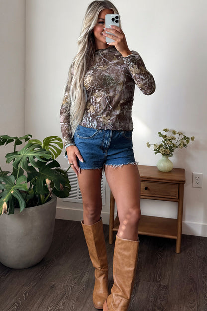 Smoke Gray Floral Print Slim Fit Mesh Long Sleeve Mock Neck Top