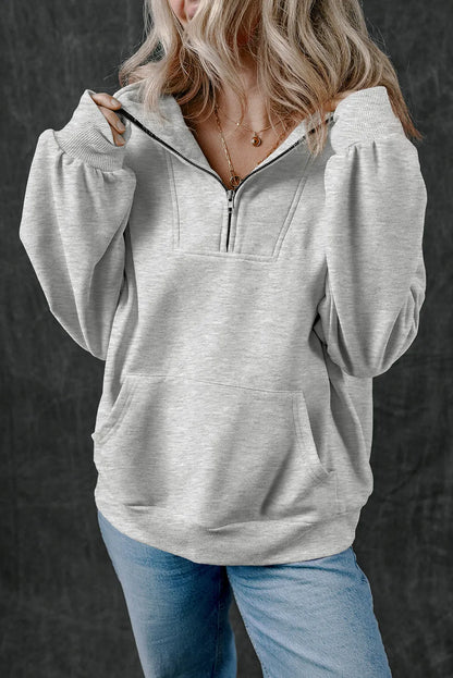 Light Grey Zip-up Stand Neck Kangaroo Pocket Sweatshirt - Chic Meadow Boutique 