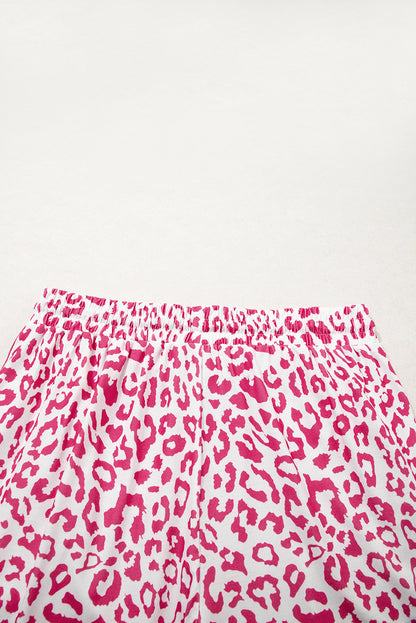 Pink Leopard Elastic Waist Lace up Contrast Trim Casual Shorts