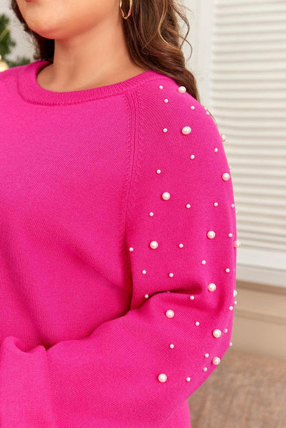 Plus Size/Plus Size Sweaters & Cardigans Strawberry Pink Pearled Decor Raglan Sleeve Plus Size Sweater