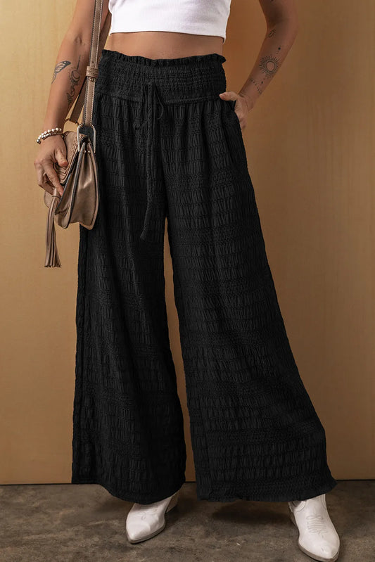 Black Textured Wide Smocked Waist Loose Pants - Chic Meadow Boutique 