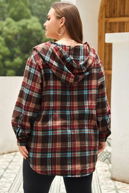 Fiery Red Plus Size Plaid Kangaroo Pocket Drawstring Hoodie - Chic Meadow Boutique 