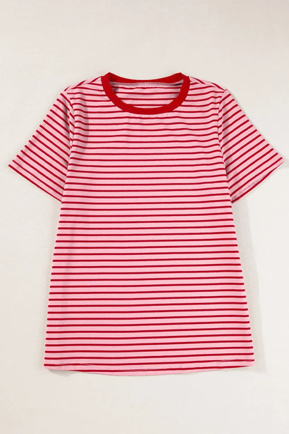 Pink Stripe Crew Neck Casual T Shirt - Chic Meadow Boutique 