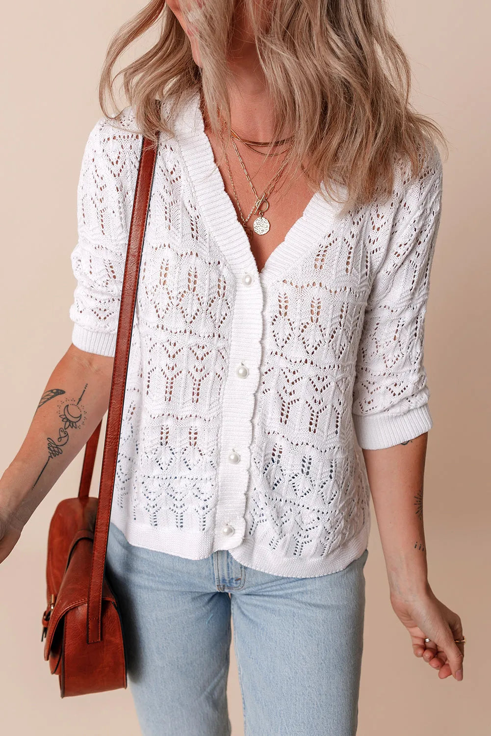 White Frenchy Hollow Out Knitted V Neck Cardigan - Chic Meadow Boutique 