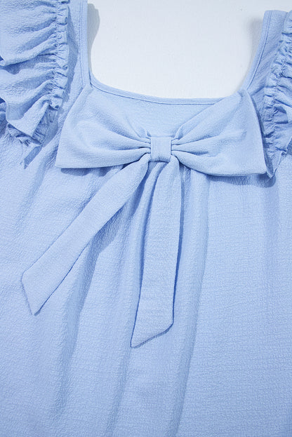 Beau Blue Textured Bow Knot Frilled Butterfly Sleeve Blouse