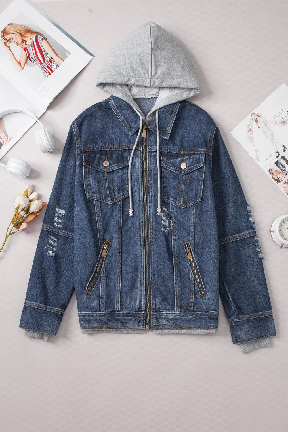 Dark Blue Fake Two-Piece Hooded Zip-Up Denim Jacket - Chic Meadow Boutique 