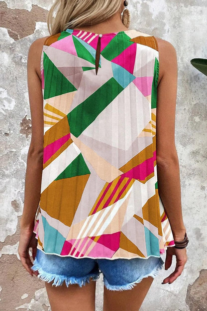 Tops/Tank Tops Multicolour Geometric Printed Pleated Shift Tank Top