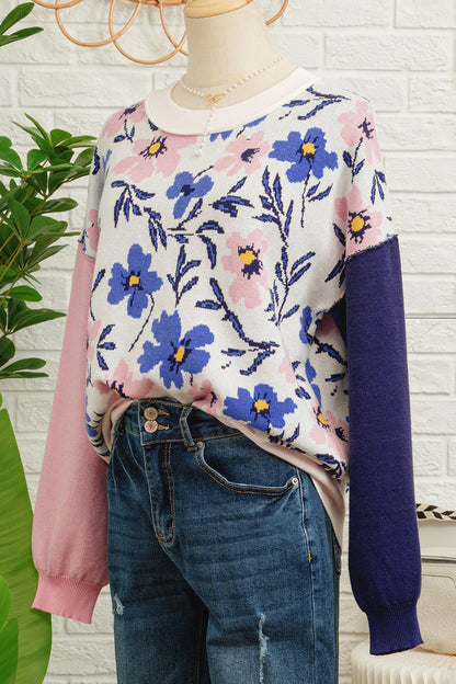 Khaki Floral Panel Colorblock Sleeve Patchwork Sweater