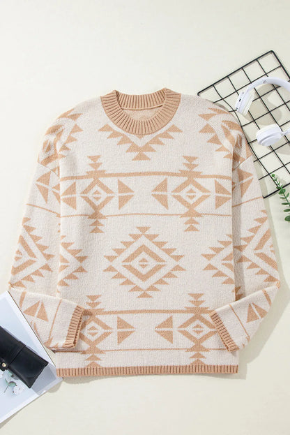 Apricot Plus Size Western Aztec Print Loose Sweater - Chic Meadow Boutique 