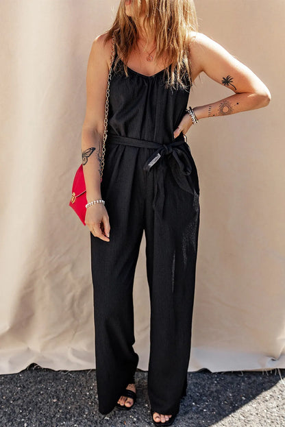 Black Textured Belted Wide Leg Sleeveless Jumpsuit - Chic Meadow Boutique 