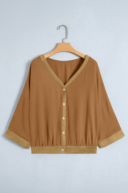 Brown V Neck Glitter Trim Patchwork Button-Front Blouse