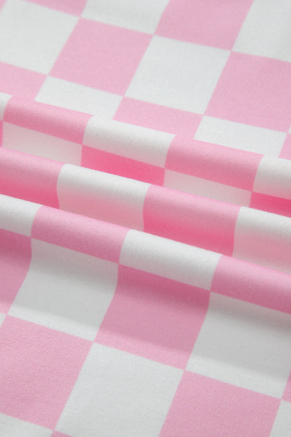 Pink Checkered Print Color Block Trim Mock Neck Short Set