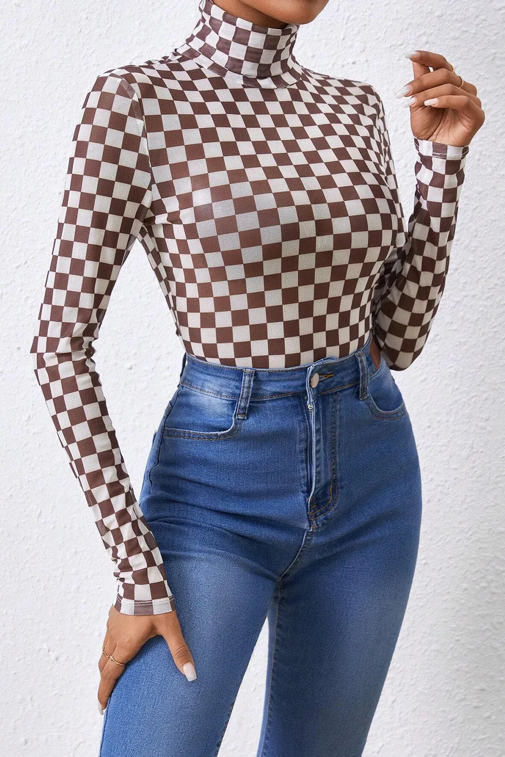 Brown Checkered Printed Long Sleeve High Neck Bodysuit - Chic Meadow Boutique 