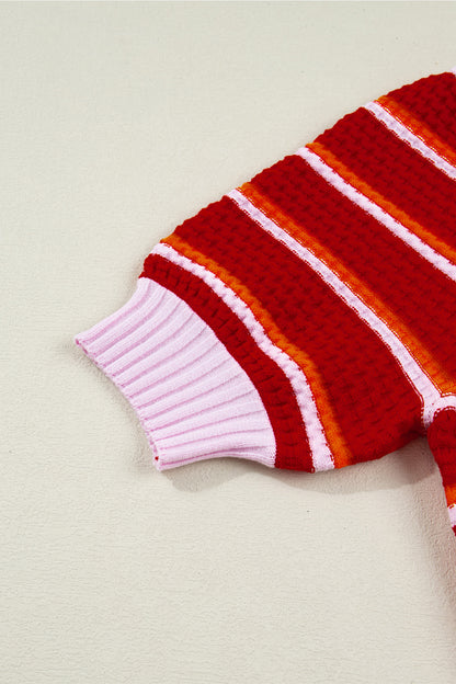 Red Stripe Colorblock Trim Half Sleeve Sweater Top