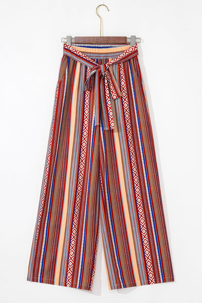 Red Boho Ethnic Striped Print Tie Waist Wide Leg Pants