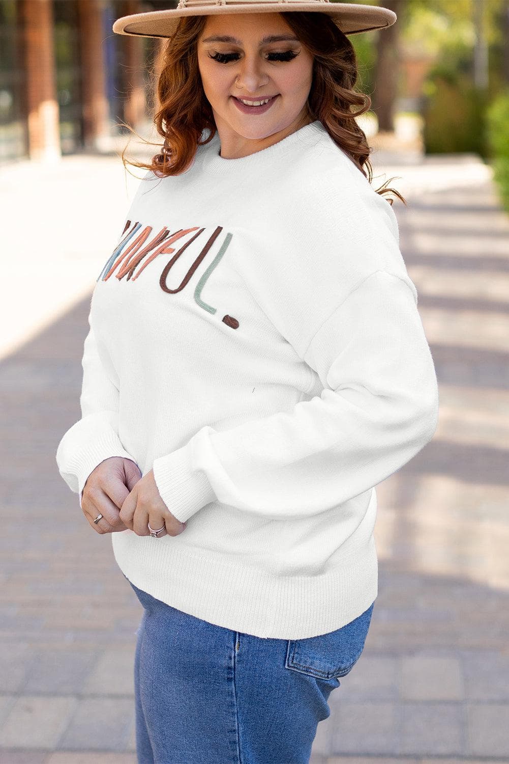 Plus Size/Plus Size Sweaters & Cardigans White Plus Size Thankful Ivory Embroidered Sweater