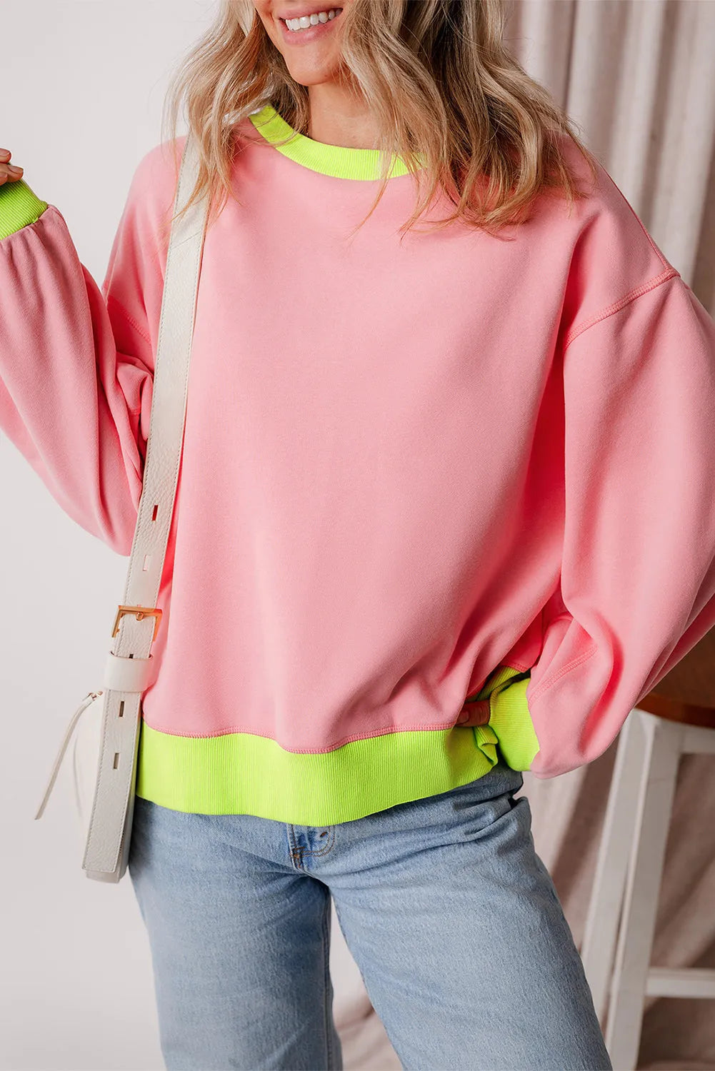 Pink Colorblock Bubble Sleeve Sweatshirt - Chic Meadow Boutique 