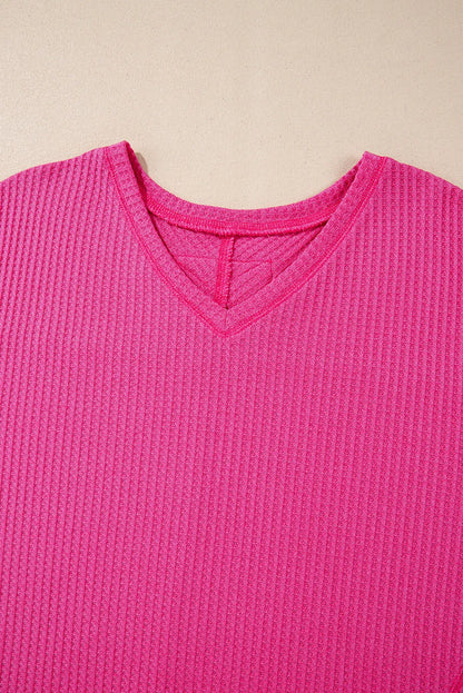 Bright Pink Waffle V Neck Long Sleeve Drop Shoulder Loose Blouse - Chic Meadow Boutique 