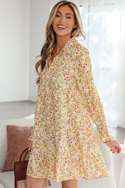Yellow Floral Print Frilly Trim Smocked Cuff Long Sleeve Loose Shirt Dress