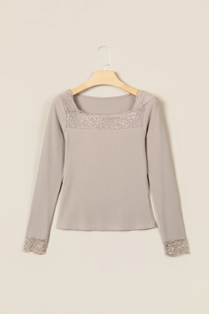 DUNE Solid Color Ribbed Lace Neck Long Sleeve Top