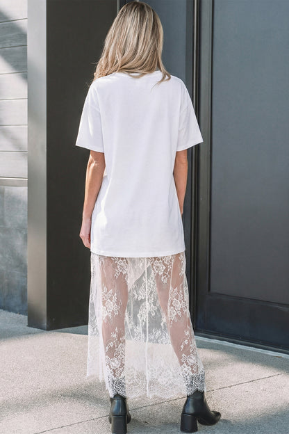 White Floral Patchwork Short Sleeve T Shirt Loose Maxi Dress