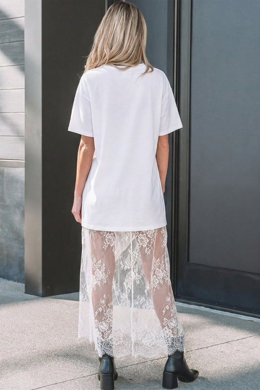 White Floral Patchwork Short Sleeve T Shirt Loose Maxi Dress