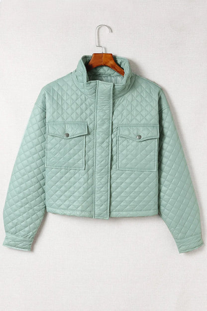 Green Quilted Pocketed Zip-up Cropped Jacket - Chic Meadow Boutique 