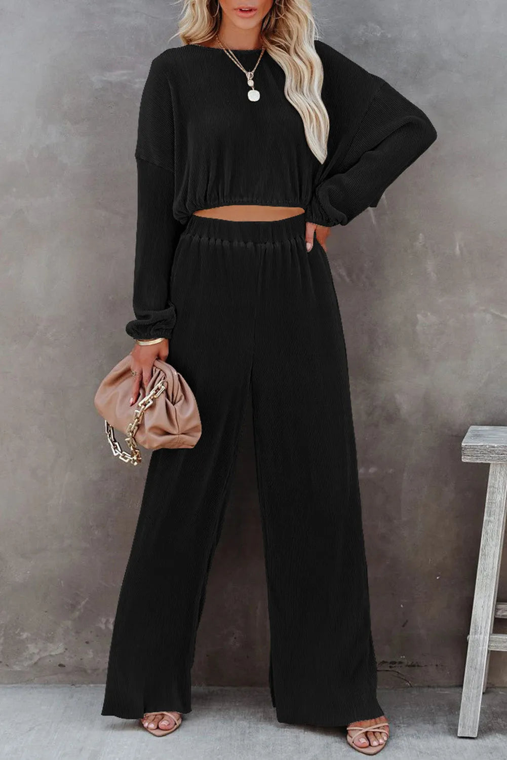 Black Corded Cropped Pullover and Wide Leg Pants Set - Chic Meadow Boutique 